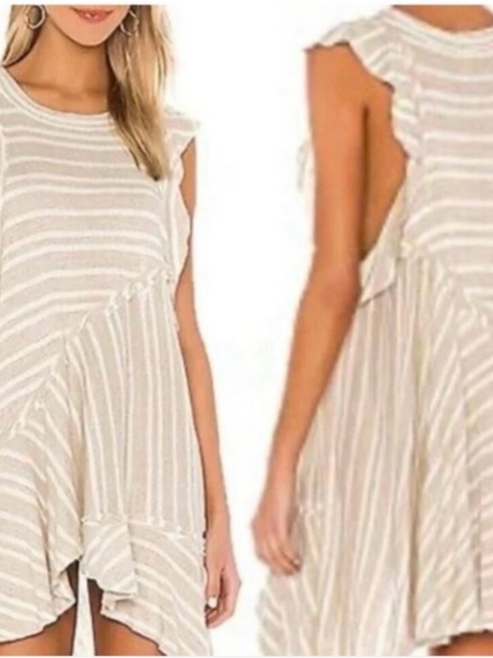 Free People Cream and White Striped Asymmetrical Ruffle Hem Mini Dress